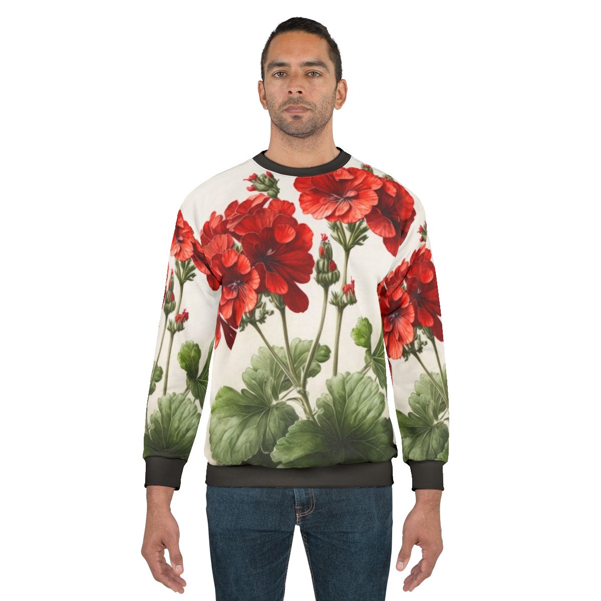 Red geranium flowers printed on a women's sweatshirt