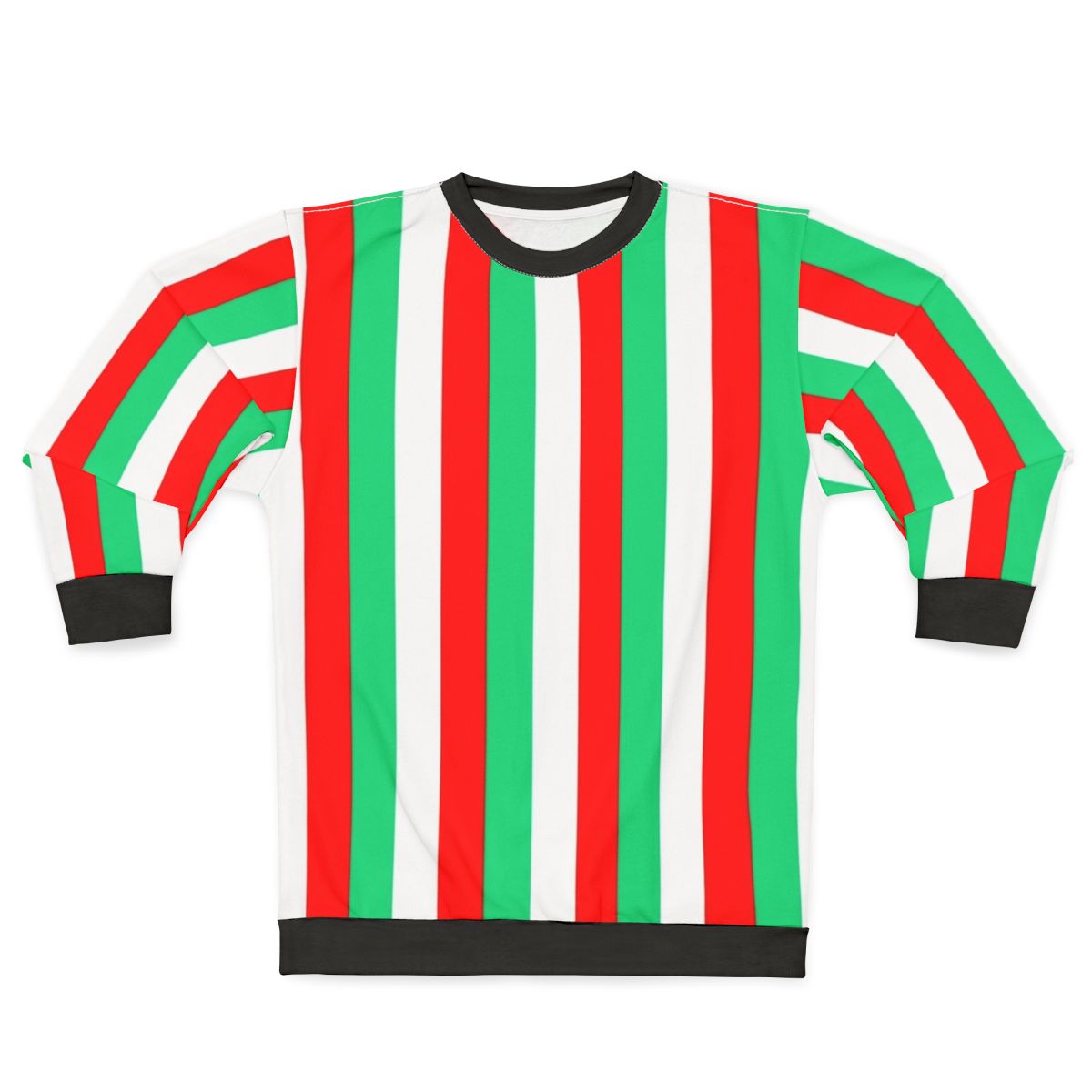 Red, green and white striped sweatshirt