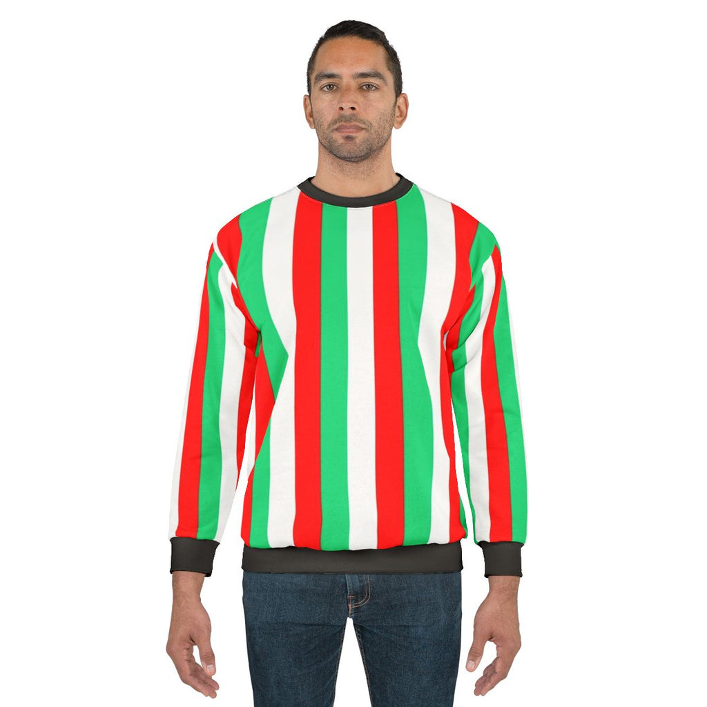 Red, green and white striped sweatshirt