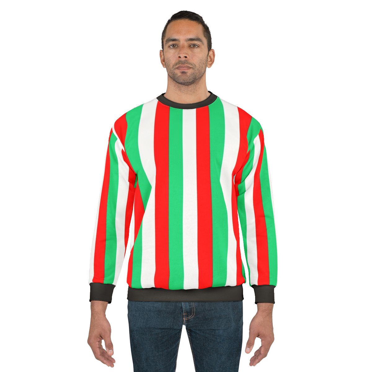 Red, green and white striped sweatshirt