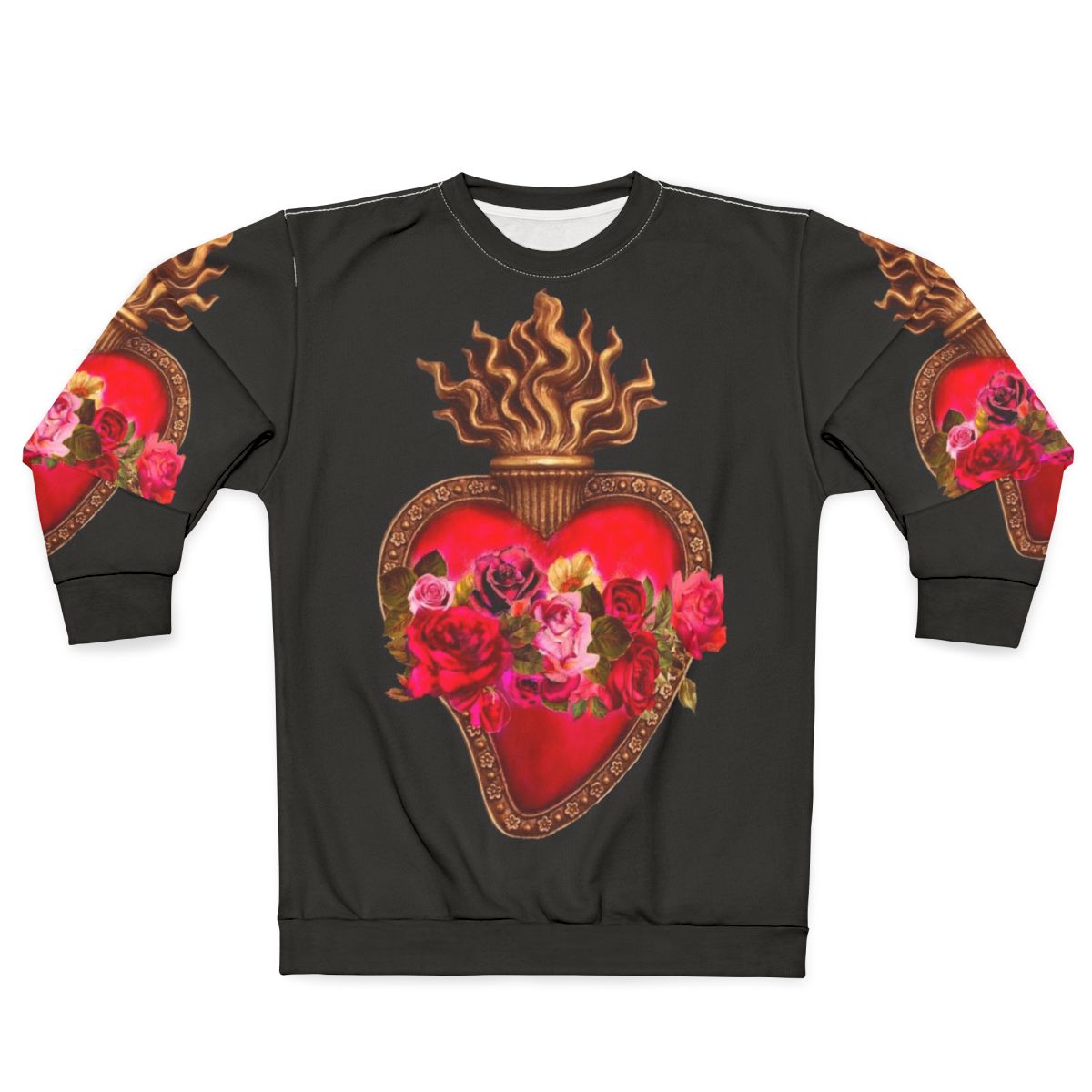 Vibrant sacred heart and immaculate heart red flaming heart design on a red sweatshirt