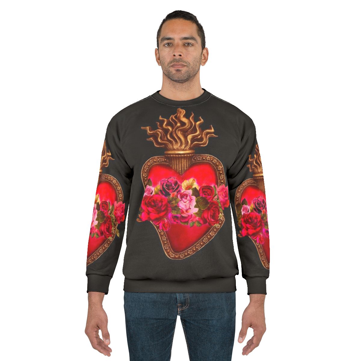 Vibrant sacred heart and immaculate heart red flaming heart design on a red sweatshirt
