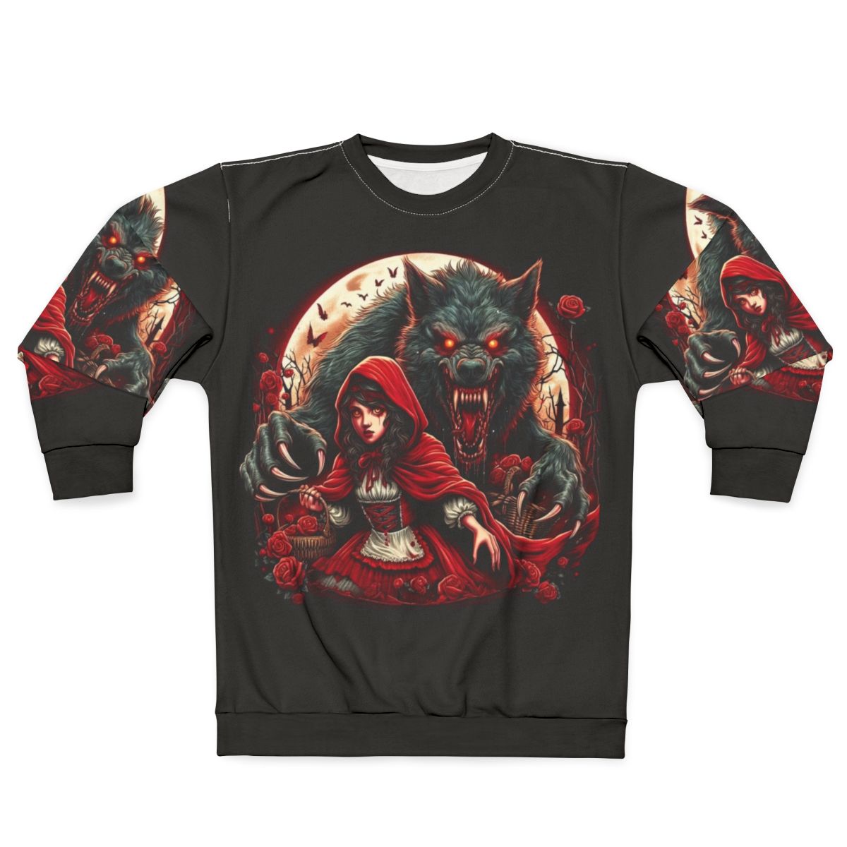 Red Riding Hood wearing a hooded sweatshirt with a wolf design