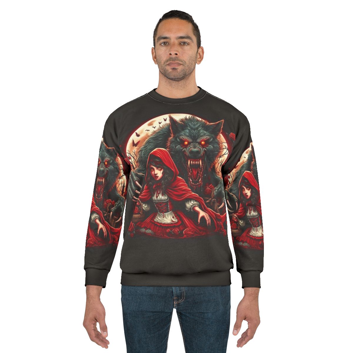 Red Riding Hood wearing a hooded sweatshirt with a wolf design