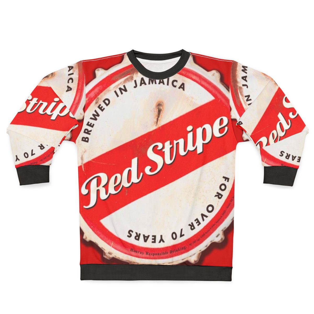 Red striped sweatshirt with bottle cap design inspired by Jamaica and reggae music