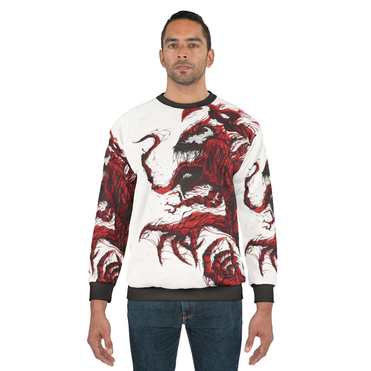 Red symbiote sweatshirt with comic book superhero design