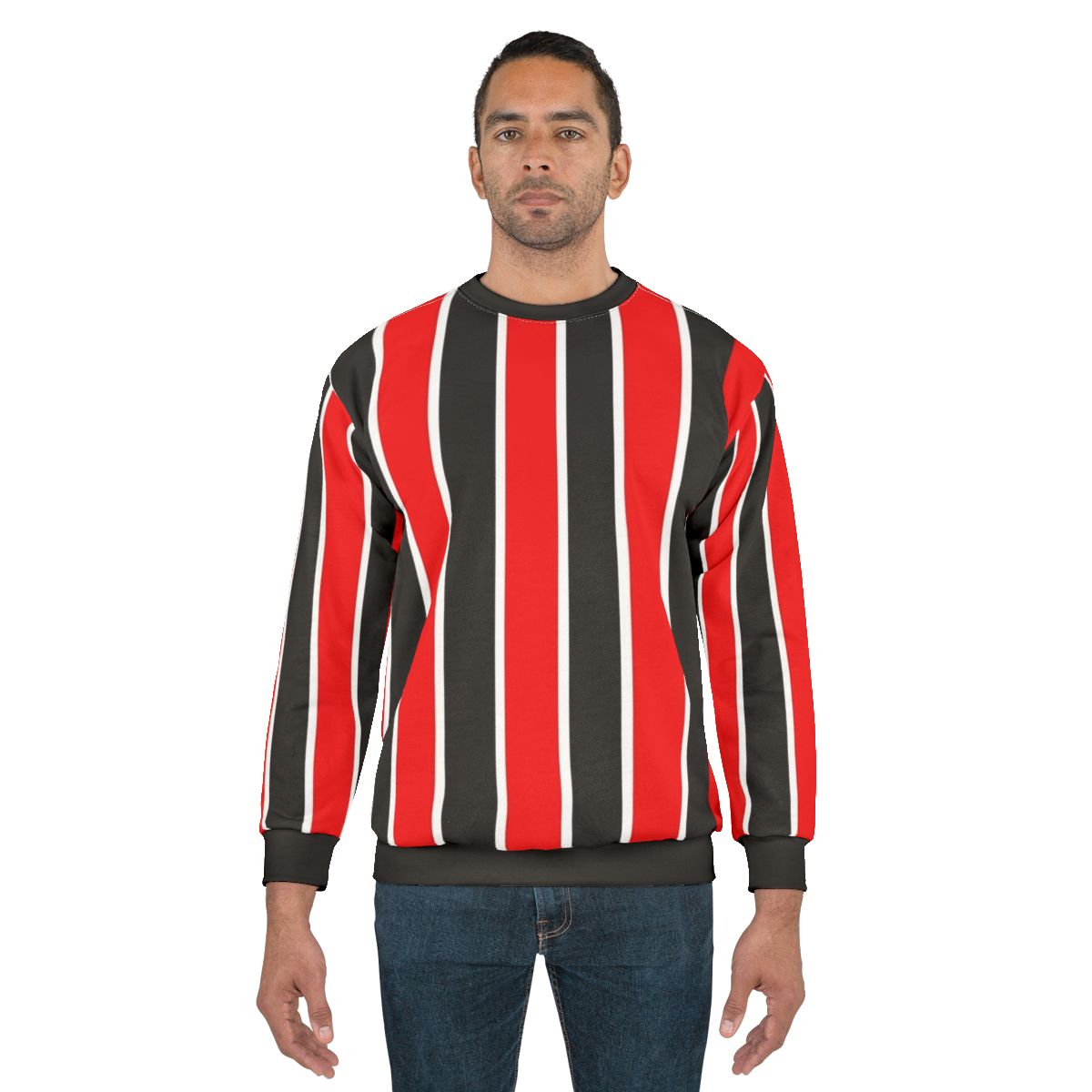 Red, White, and Black Vertical Striped Sweatshirt