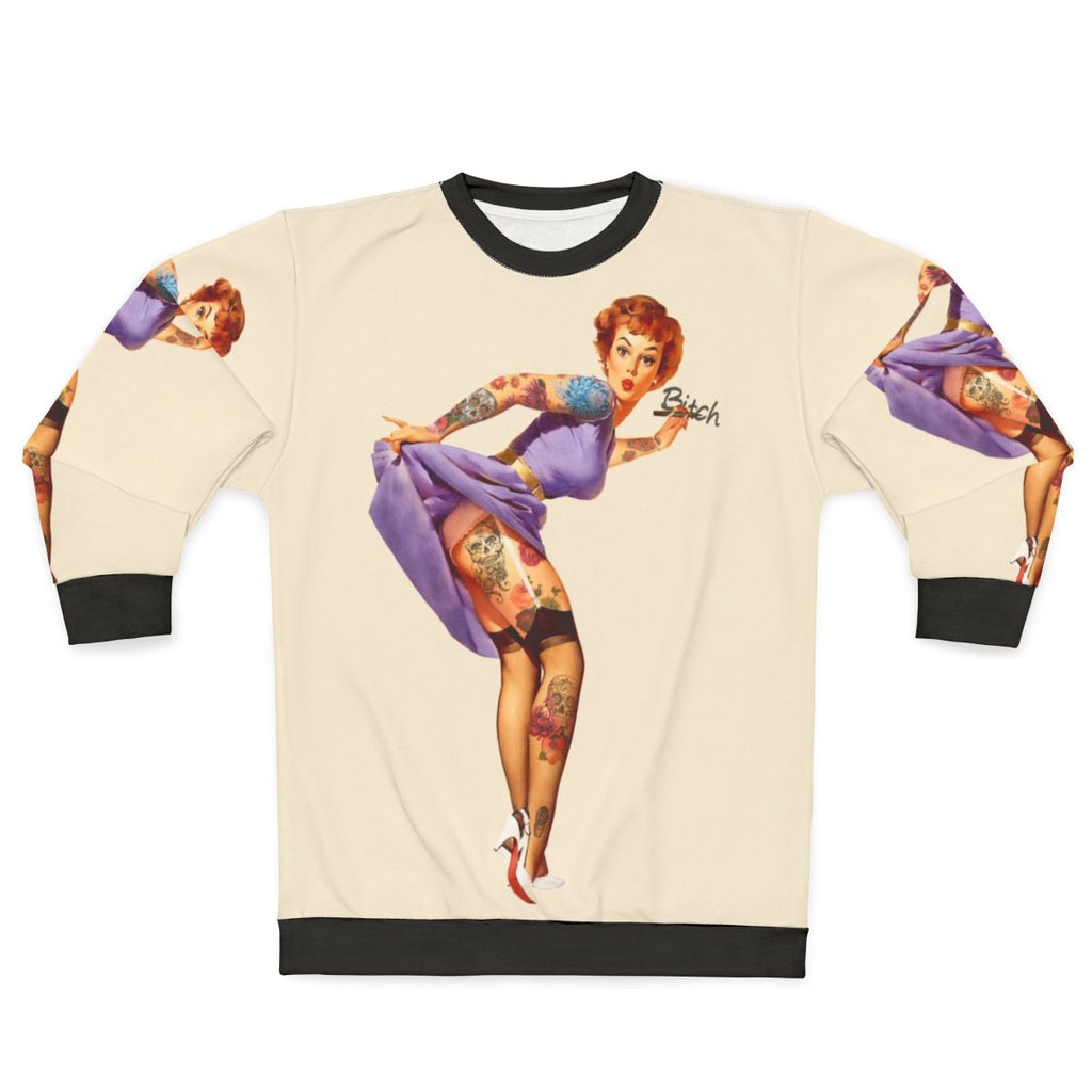 Vintage redhead pinup woman wearing a sweatshirt