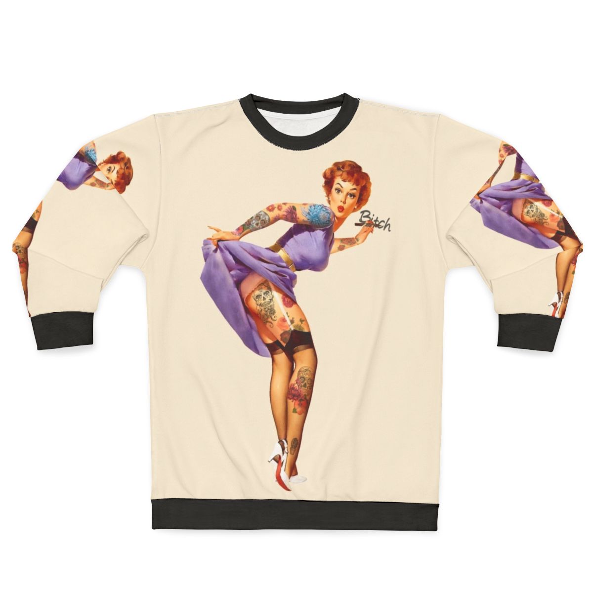 Vintage redhead pinup woman wearing a sweatshirt