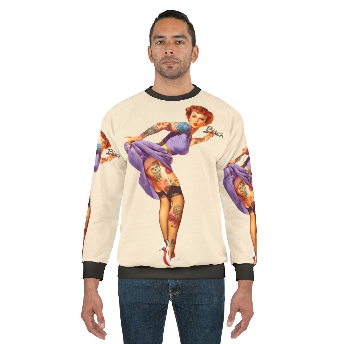 Vintage redhead pinup woman wearing a sweatshirt