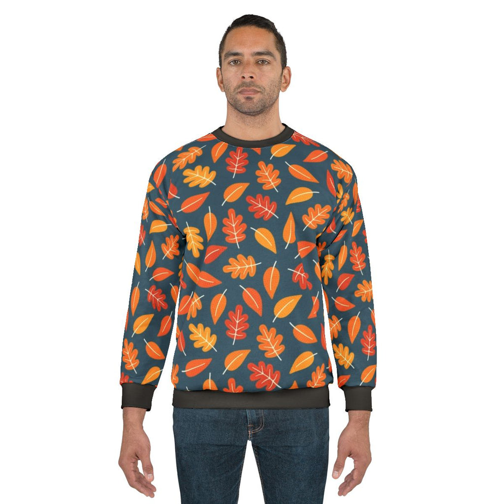 Retro autumn leaves on indigo blue sweatshirt