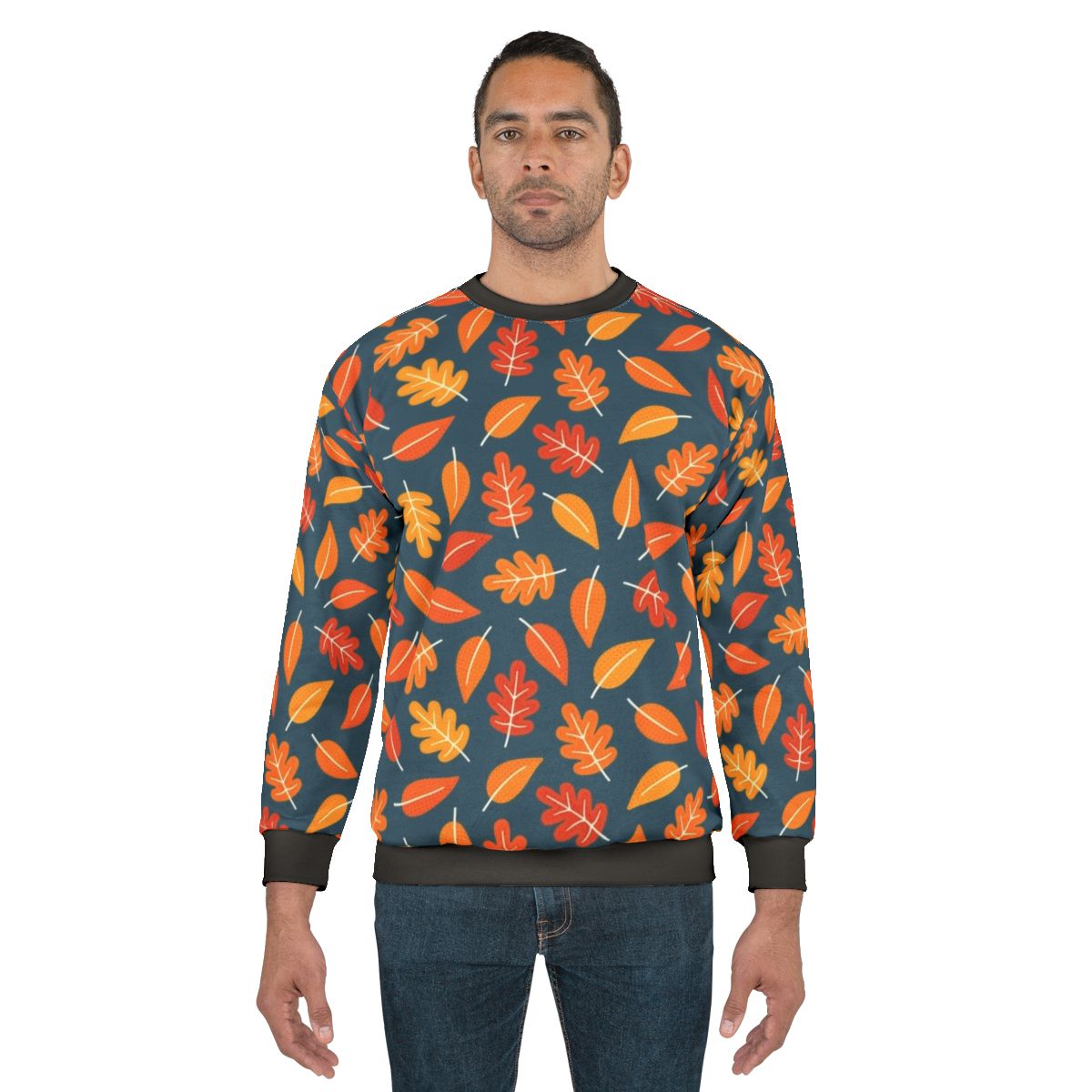 Retro autumn leaves on indigo blue sweatshirt