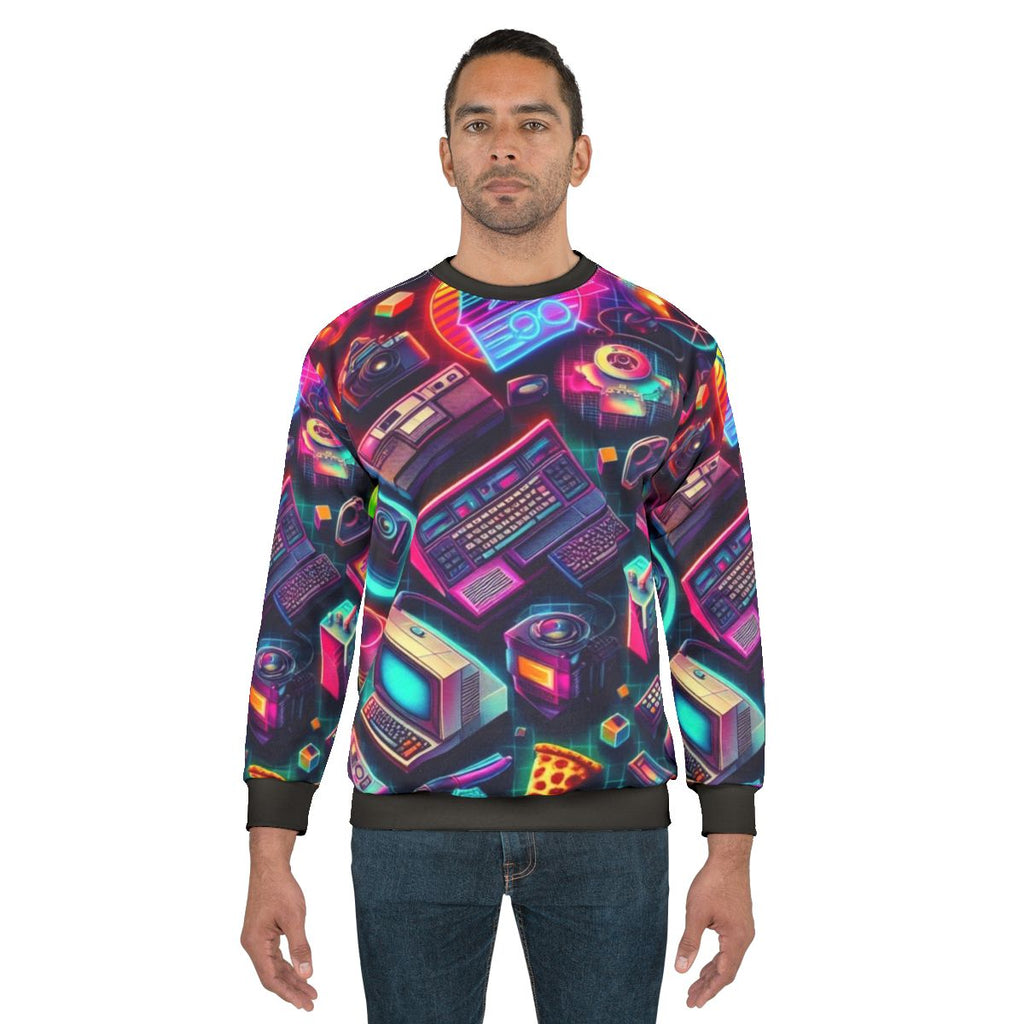 Retro Colorful Tech Sweatshirt with Vibrant Computer Graphics