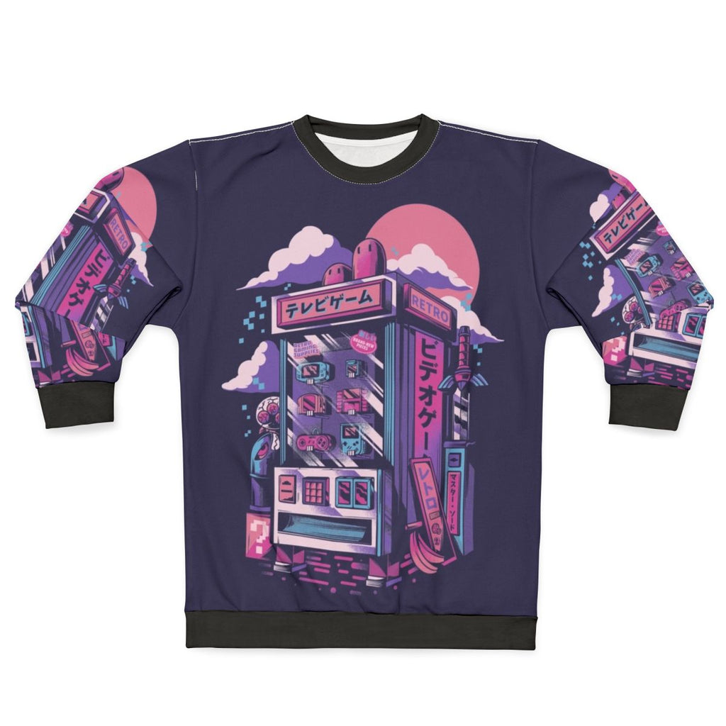 Vintage retro gaming sweatshirt with pixelated neon design