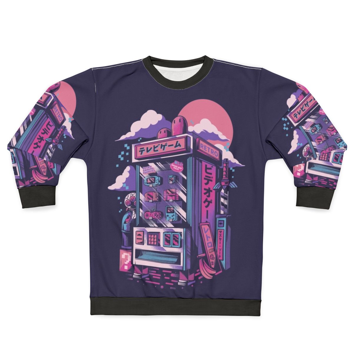 Vintage retro gaming sweatshirt with pixelated neon design