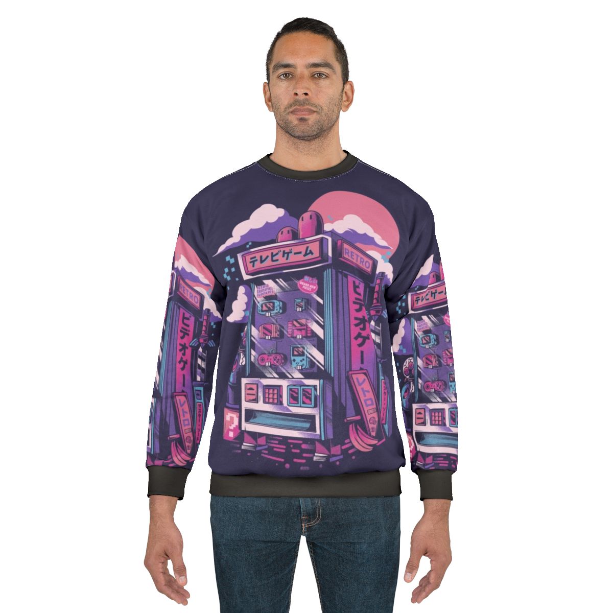 Vintage retro gaming sweatshirt with pixelated neon design