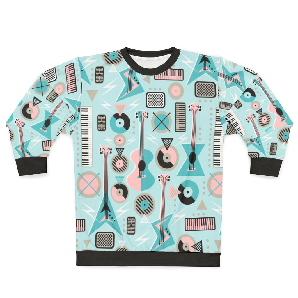 Retro musical mayhem turquoise sweatshirt with electric guitar art