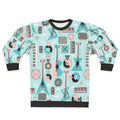 Retro musical mayhem turquoise sweatshirt with electric guitar art