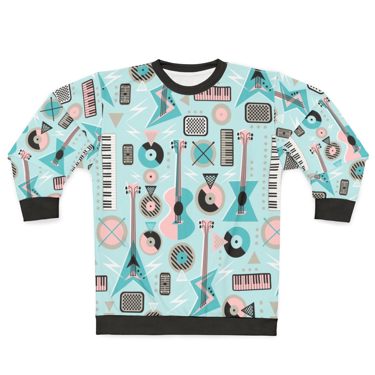 Retro musical mayhem turquoise sweatshirt with electric guitar art