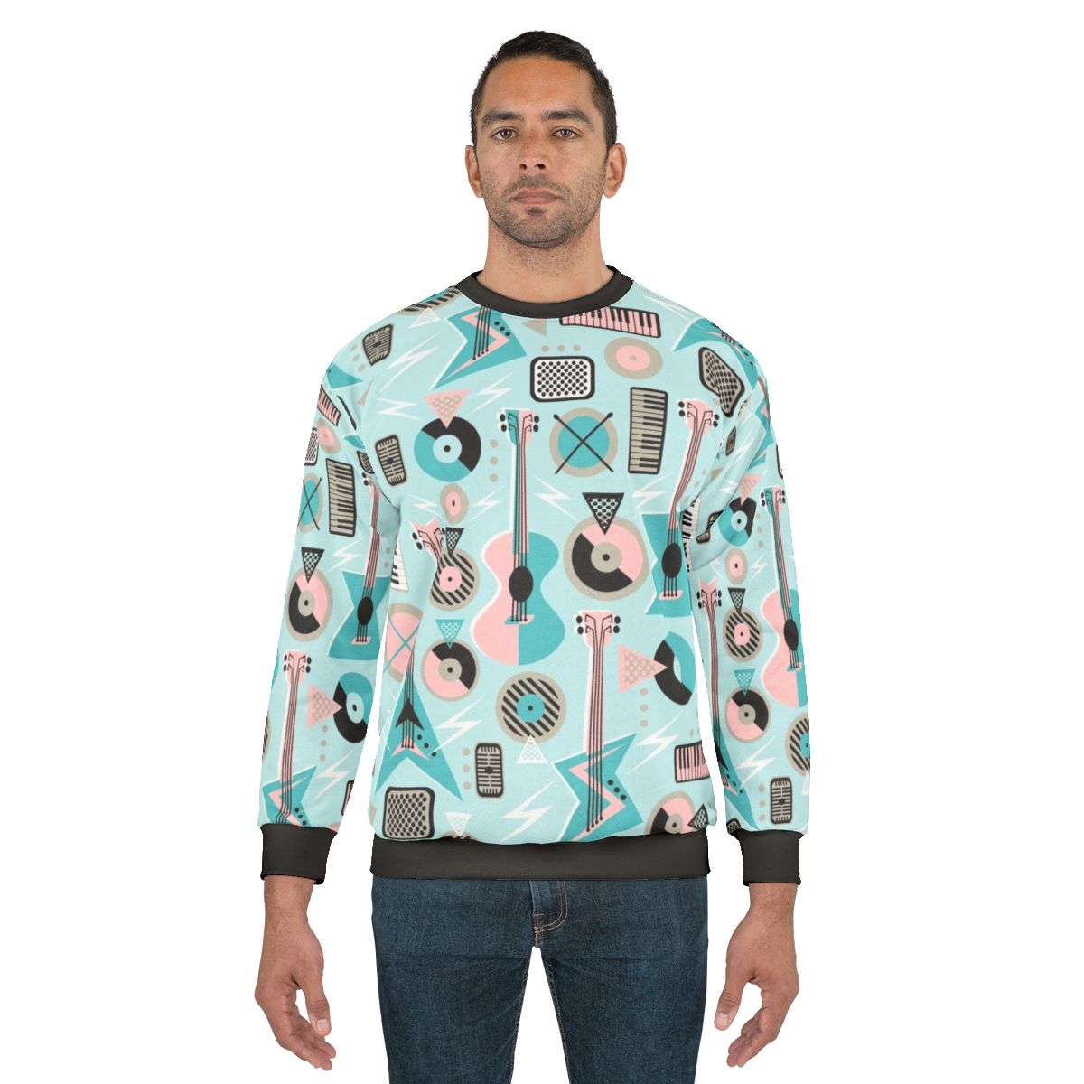 Retro musical mayhem turquoise sweatshirt with electric guitar art