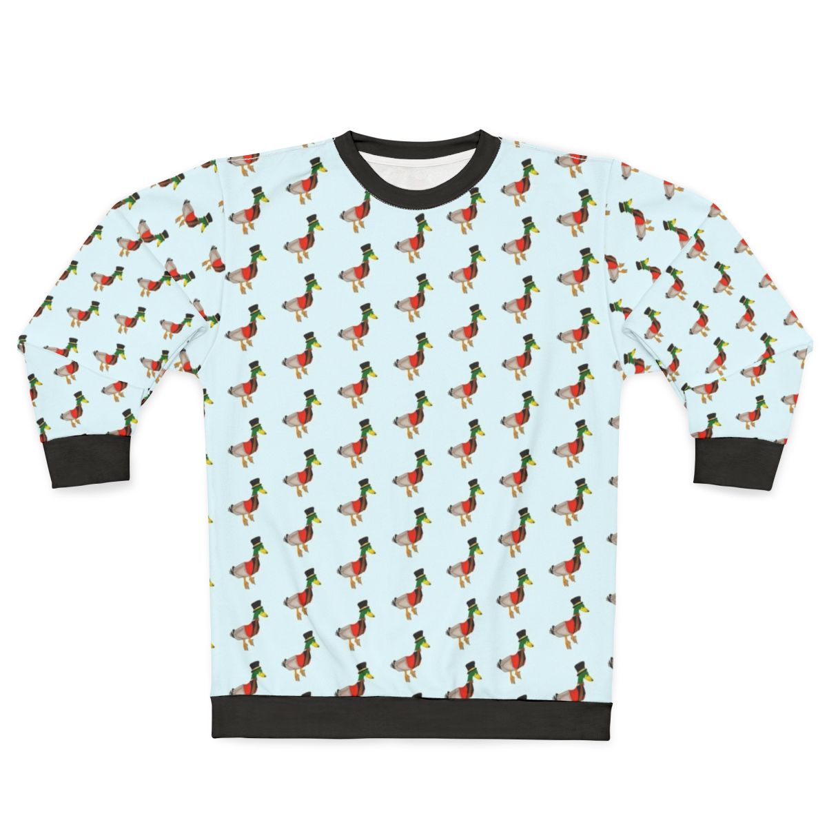 Ringmaster duck wearing a circus-themed sweatshirt