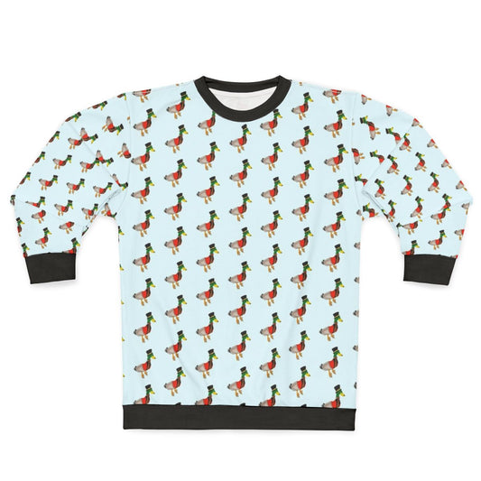 Ringmaster duck wearing a circus-themed sweatshirt