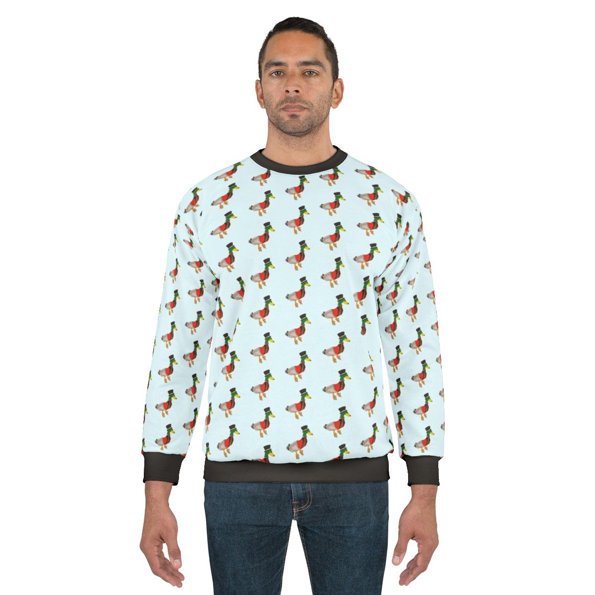 Ringmaster duck wearing a circus-themed sweatshirt