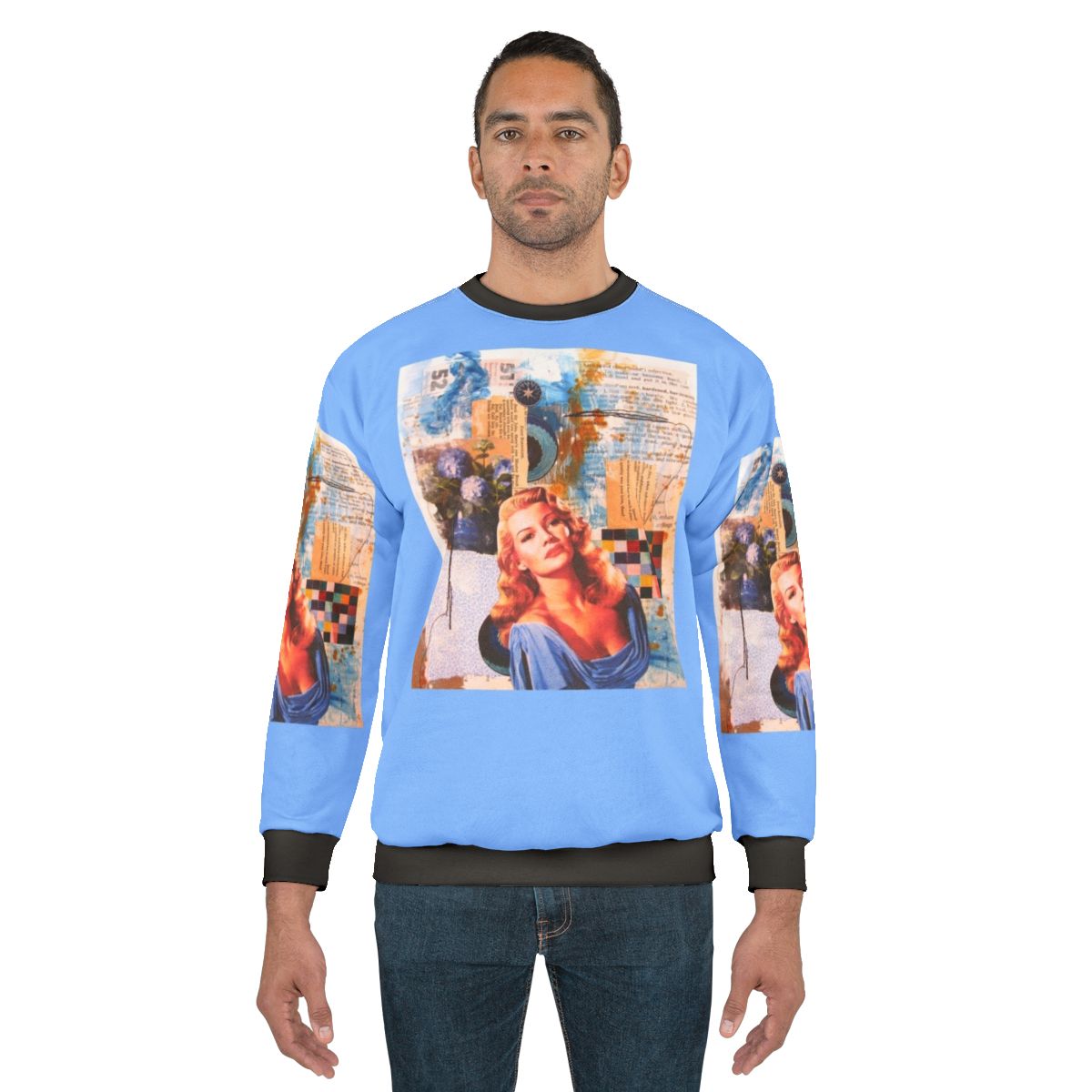 Vintage blue sweatshirt featuring Rita Hayworth, classic Hollywood glamour