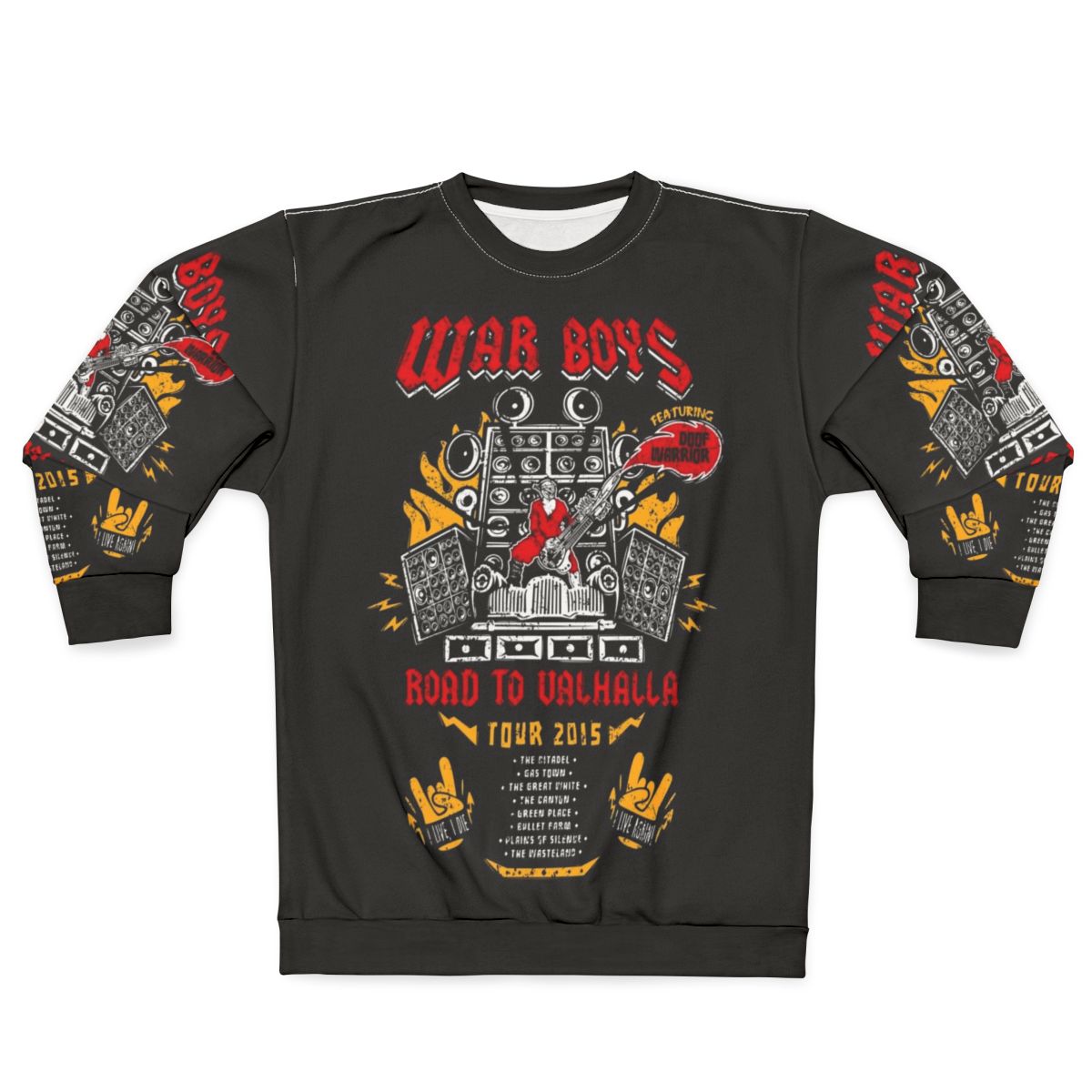 Road to Valhalla Tour Sweatshirt featuring heavy metal music and film imagery