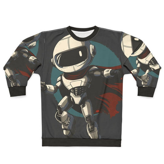 Cute robot hero character on gray sweatshirt