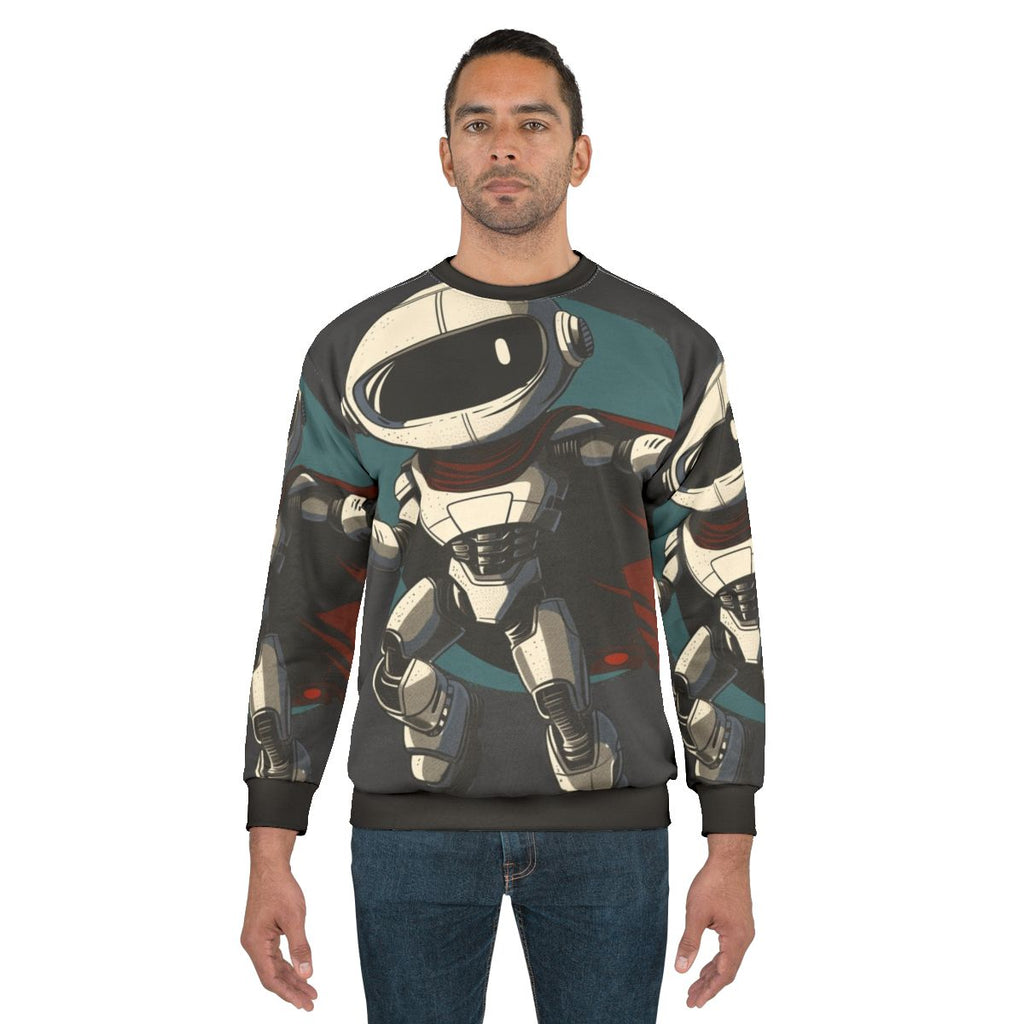 Cute robot hero character on gray sweatshirt