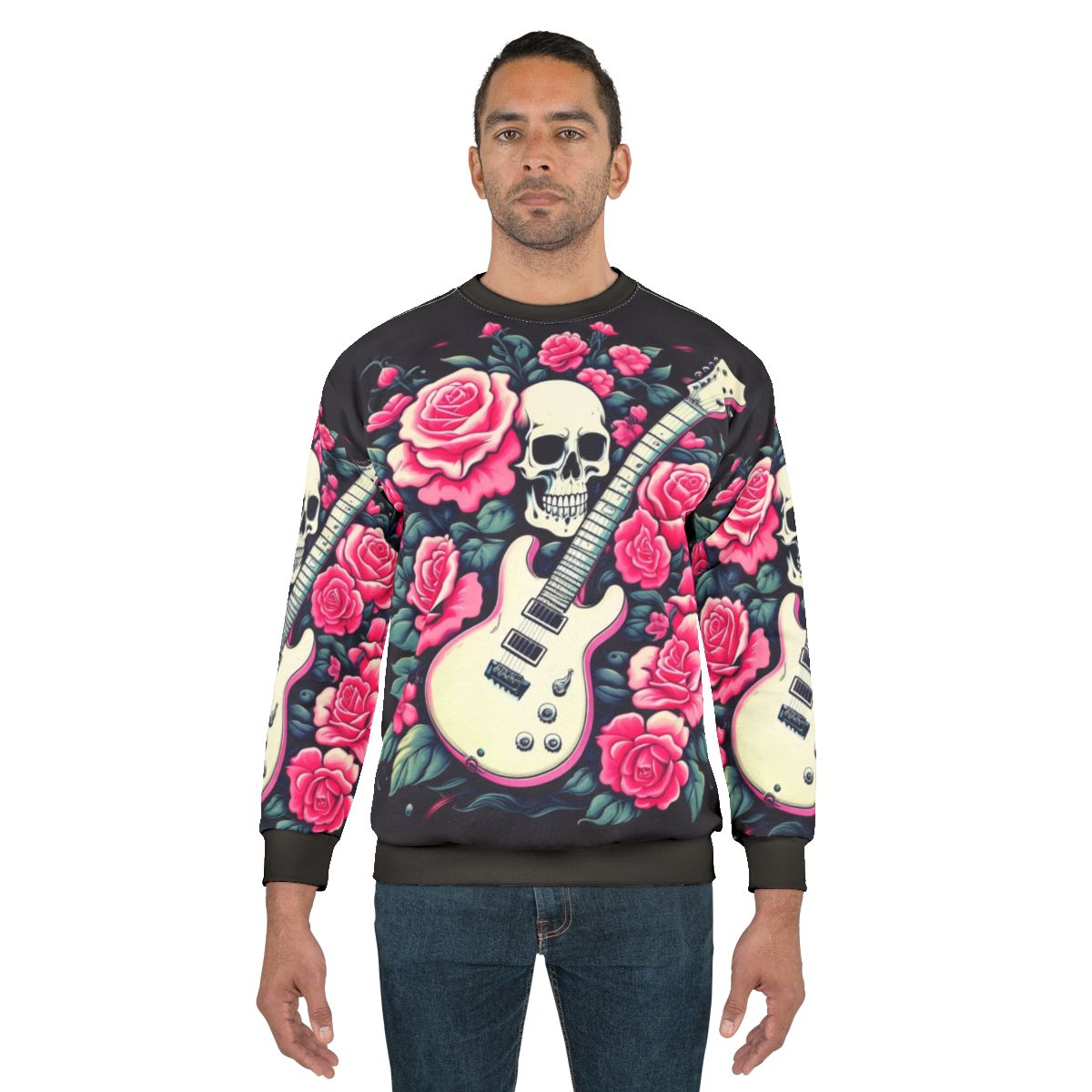 Rock and Roses Sweatshirt with Guitar, Skull, and Roses