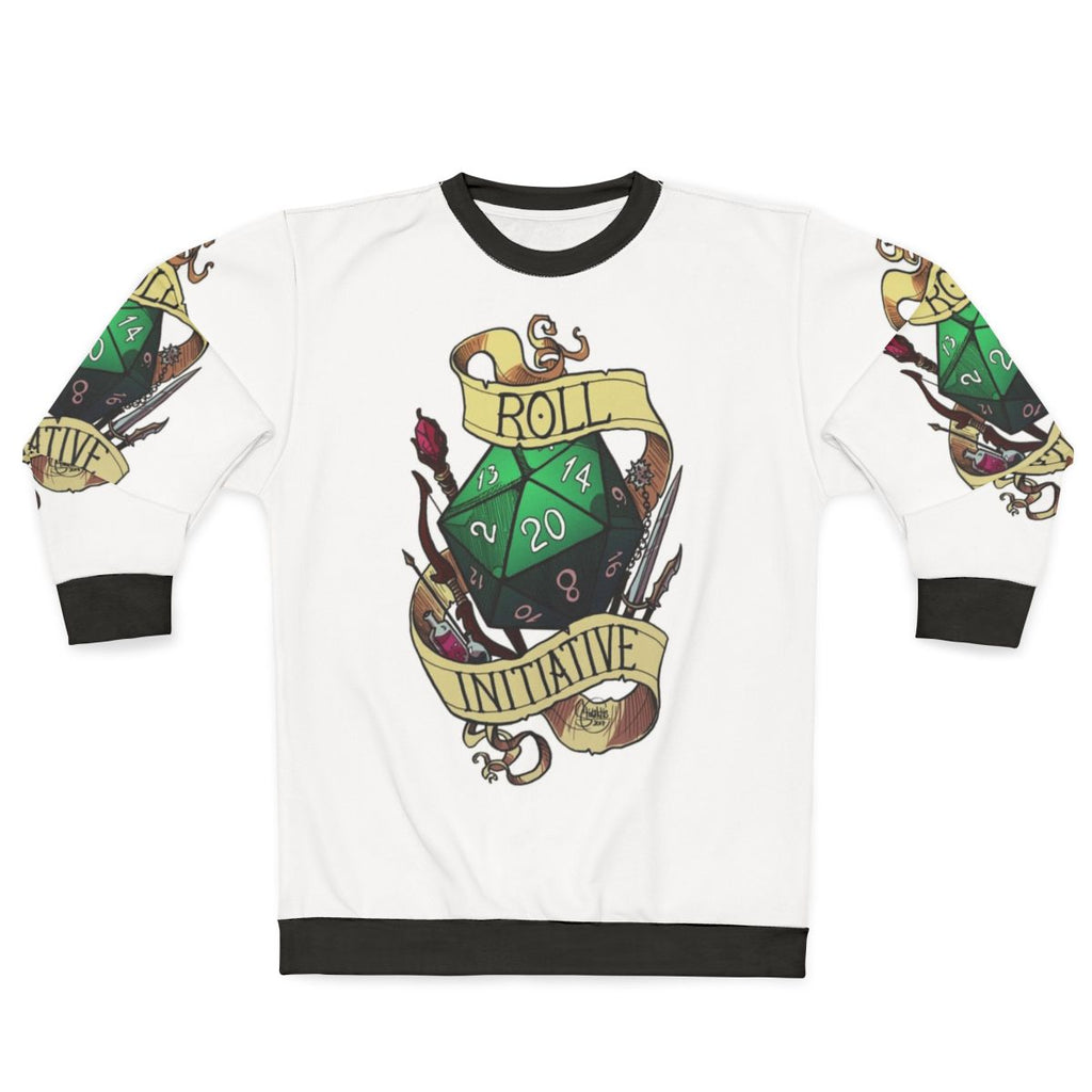 Roll Initiative Sweatshirt featuring a 20-sided die and DND inspired design