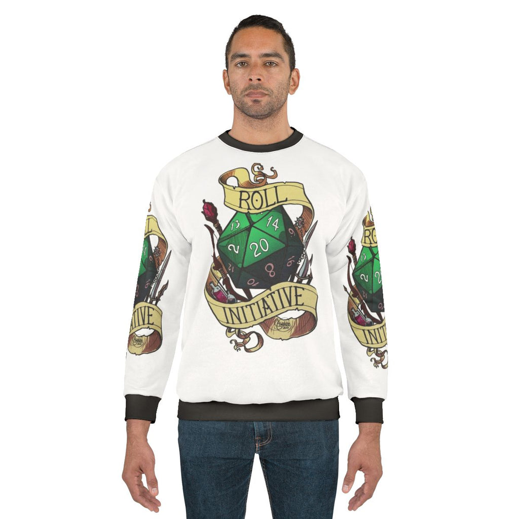Roll Initiative Sweatshirt featuring a 20-sided die and DND inspired design
