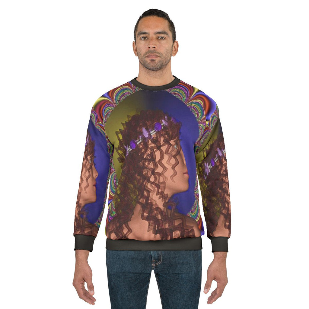 Romanticism inspired sweatshirt with fantasy, nature, and abstract patterns