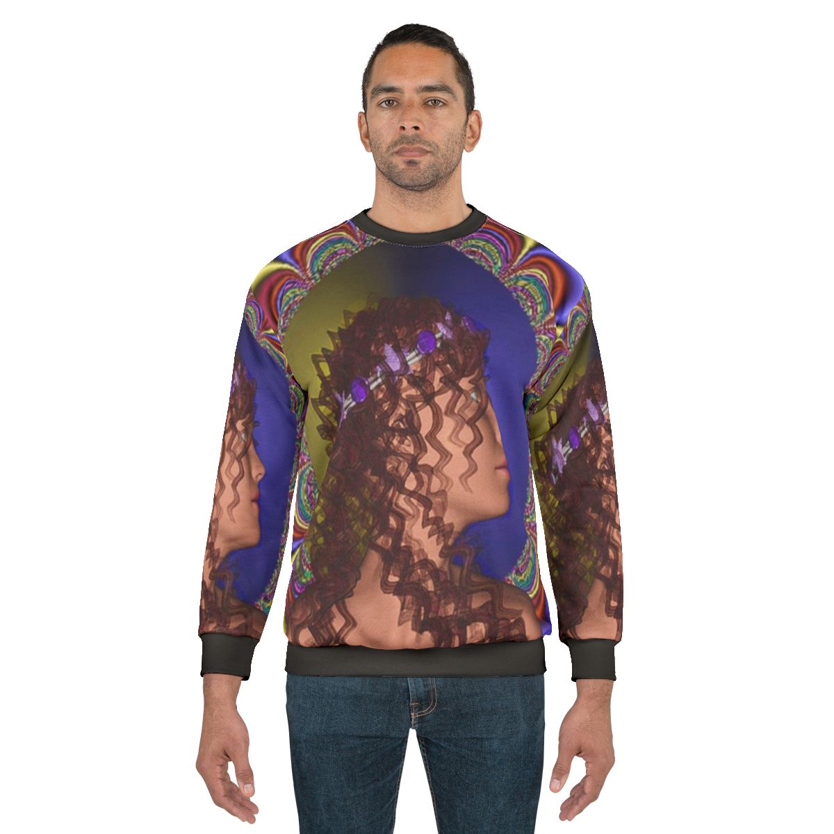 Romanticism inspired sweatshirt with fantasy, nature, and abstract patterns