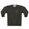 Dark colored sweatshirt with patterned fiery rooster in a cage design