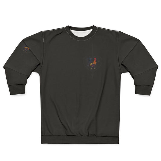 Dark colored sweatshirt with patterned fiery rooster in a cage design