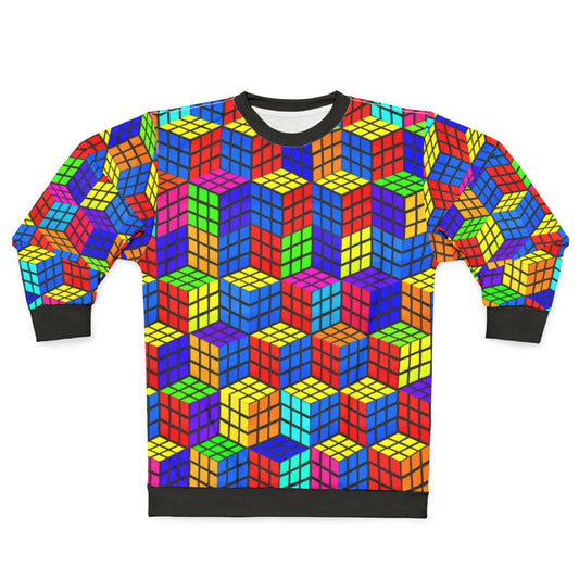 Rubik's Cube optical illusion sweatshirt with colorful, abstract geometric design