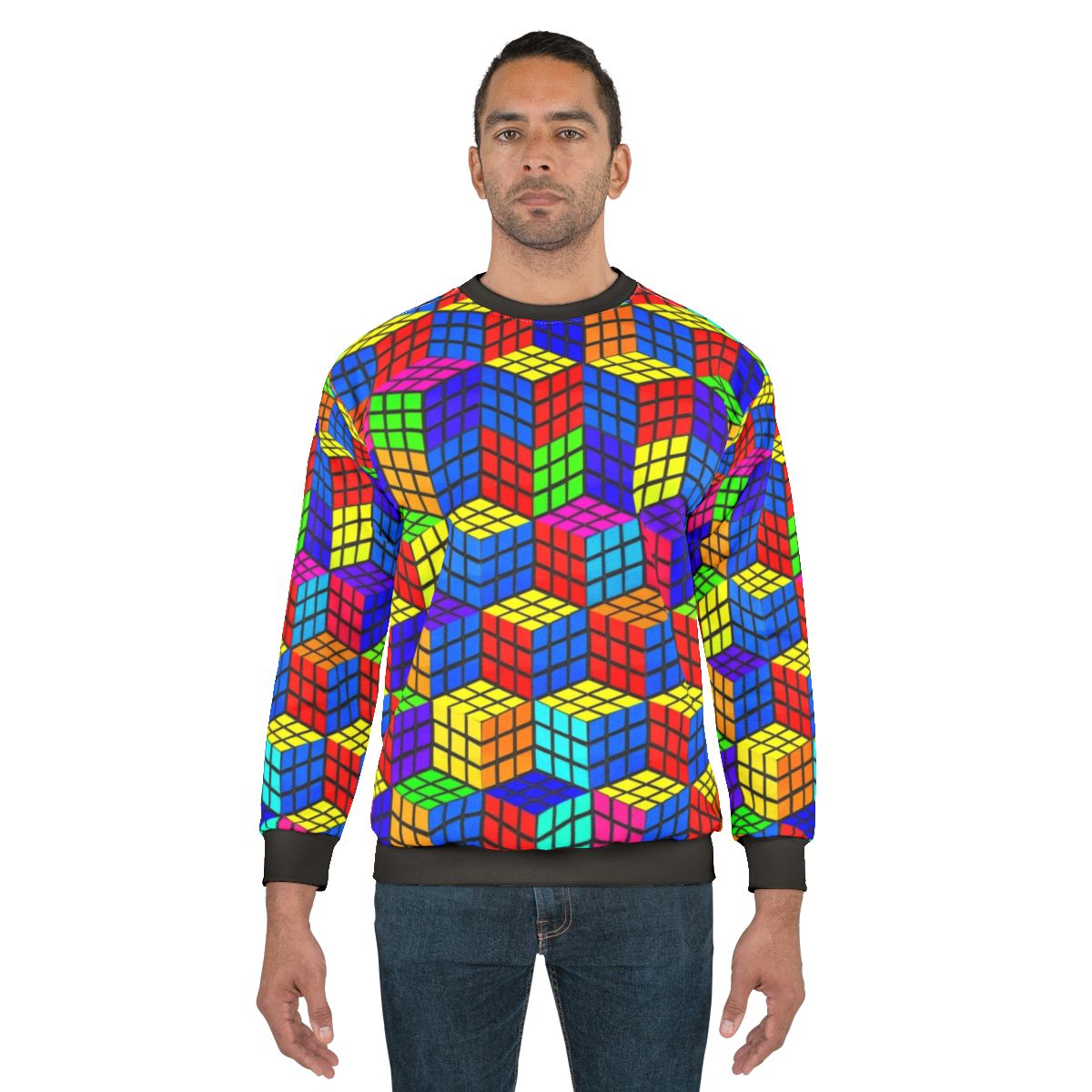 Rubik's Cube optical illusion sweatshirt with colorful, abstract geometric design