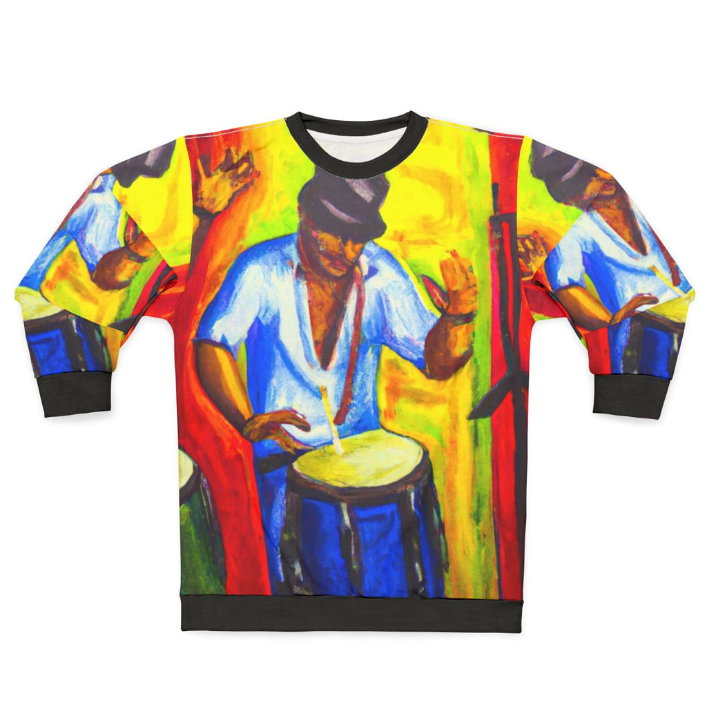 Colorful rumba-inspired Latin music sweatshirt with bongo drum and oil painting design