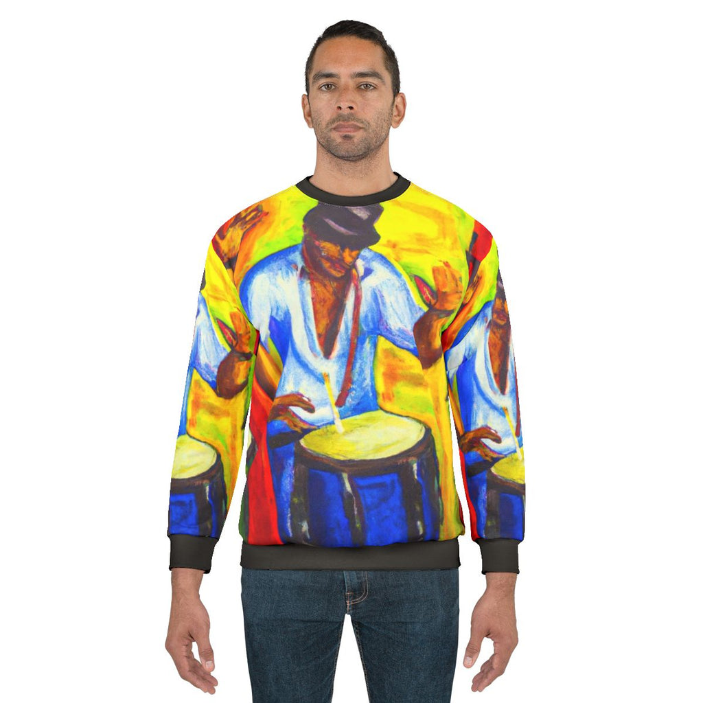 Colorful rumba-inspired Latin music sweatshirt with bongo drum and oil painting design
