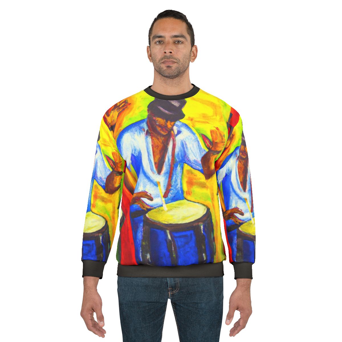 Colorful rumba-inspired Latin music sweatshirt with bongo drum and oil painting design