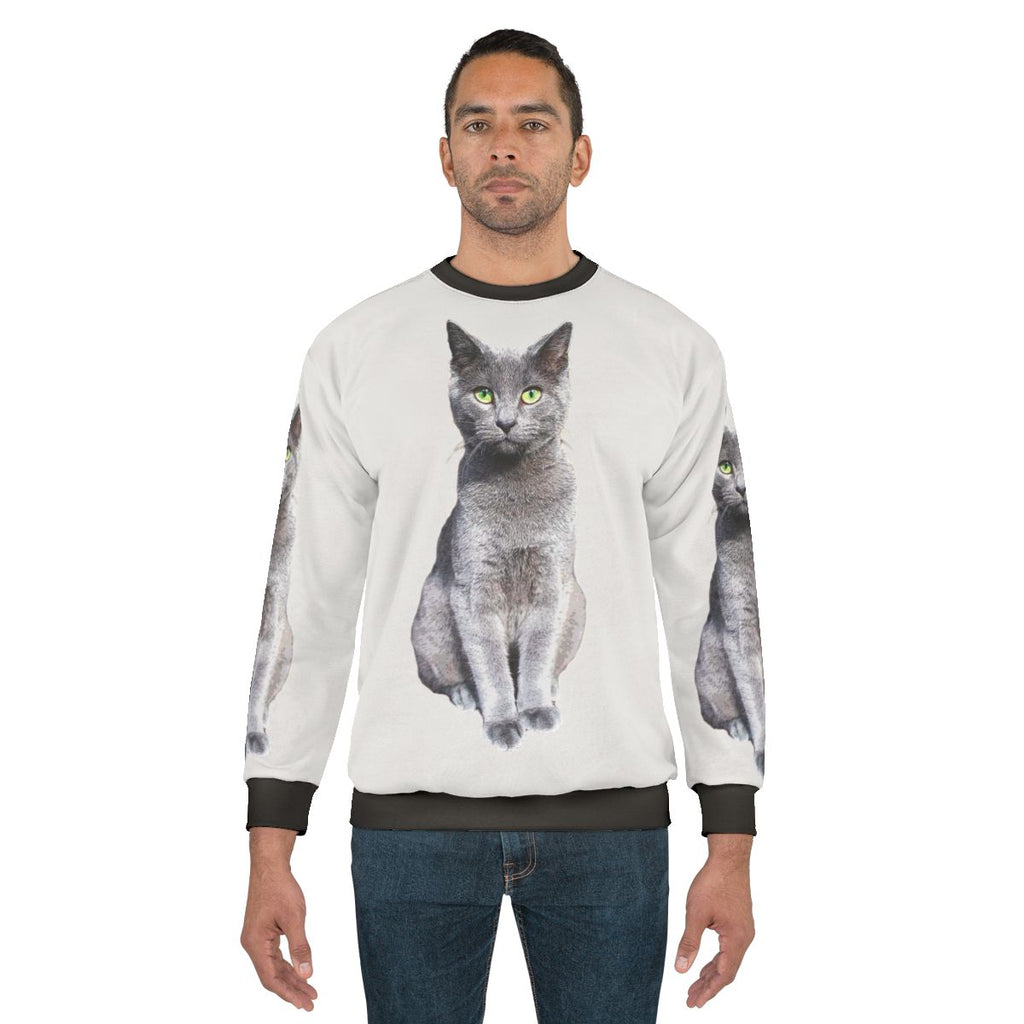 Adorable Russian Blue Cat Kitten Wearing Cozy Sweatshirt