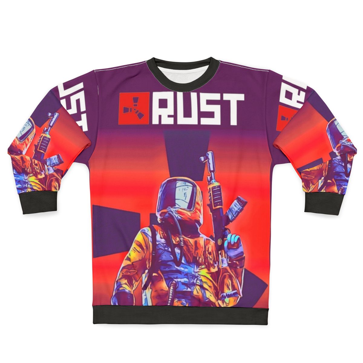 Rust video game themed sweatshirt with logo