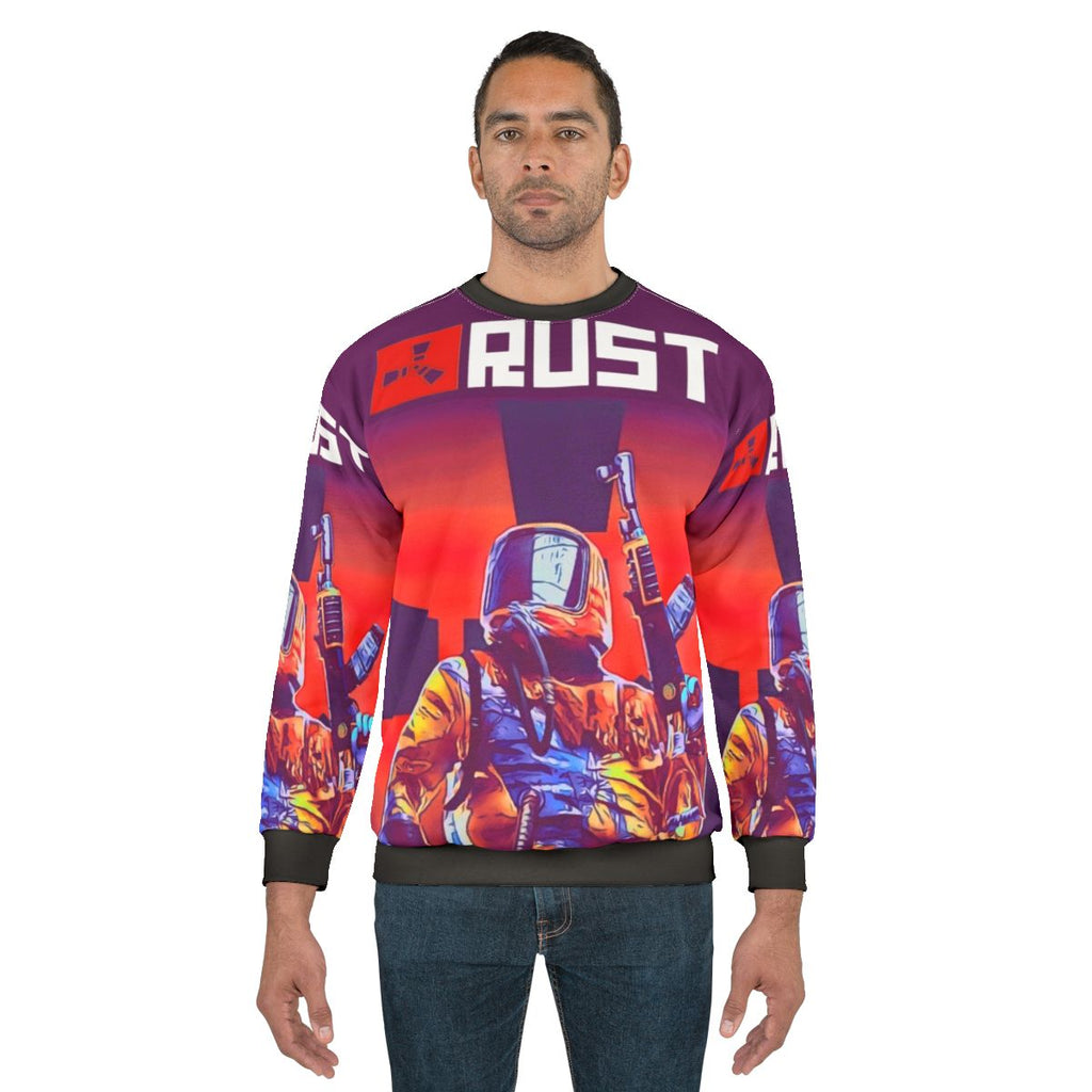 Rust video game themed sweatshirt with logo