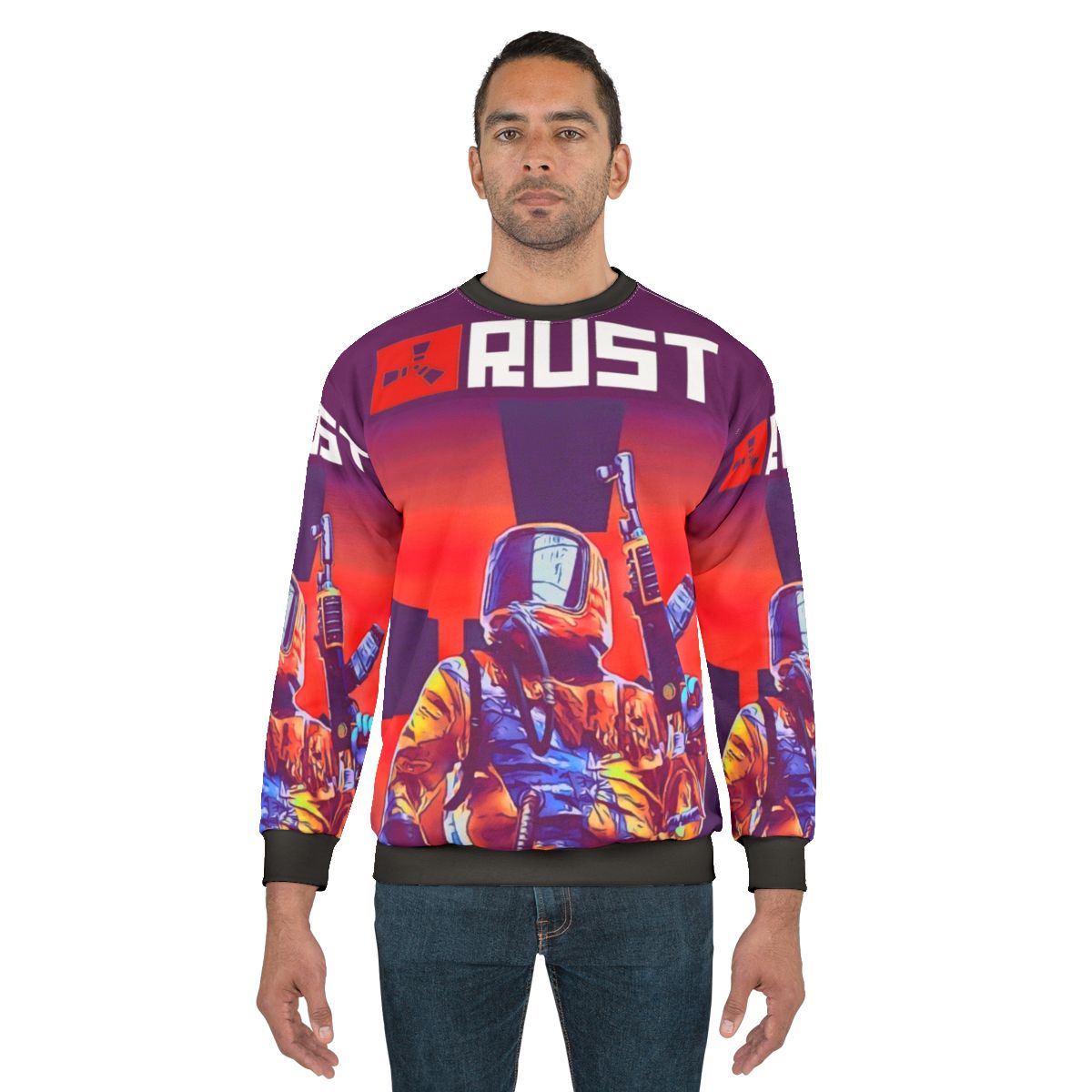 Rust video game themed sweatshirt with logo