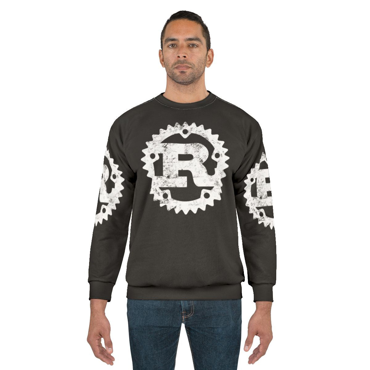 Rust programming language logo printed on a distressed sweatshirt
