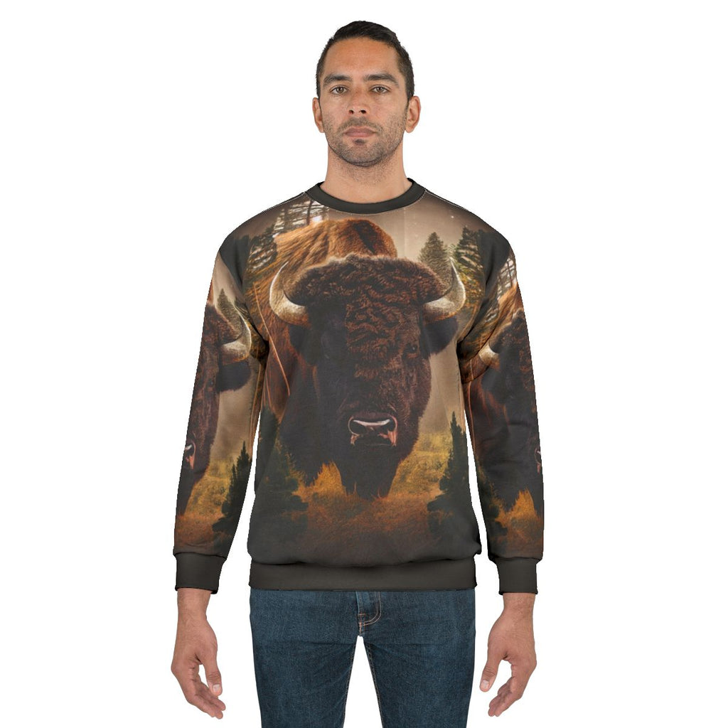 Rustic bison head graphic on a cozy sweatshirt