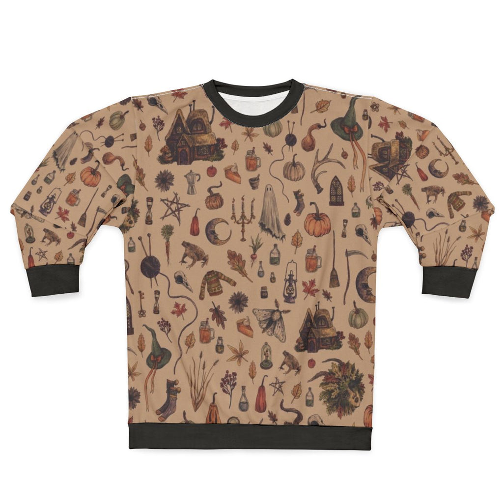 Rustic brown cozy crone sweatshirt with witchy, cottagecore design